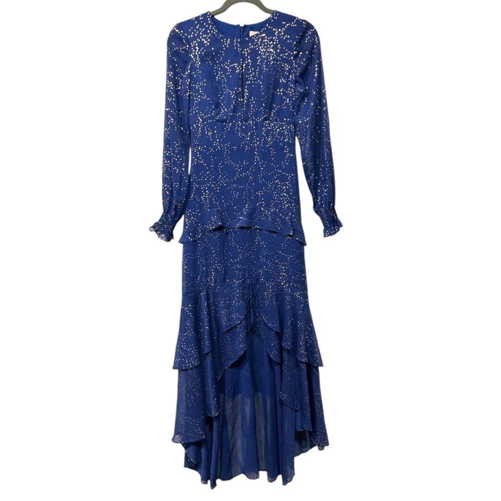 Anthropologie Hutch Molly Gown Navy Gold Sparkly Chiffon Ruffled Tiered Small 00 - Picture 3 of 15
